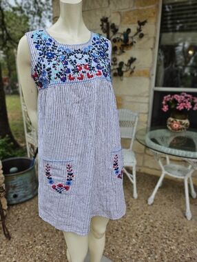 Tuckernuck Tan Stripe Embroidered Linen Striped Sunny Mini Dress Size S